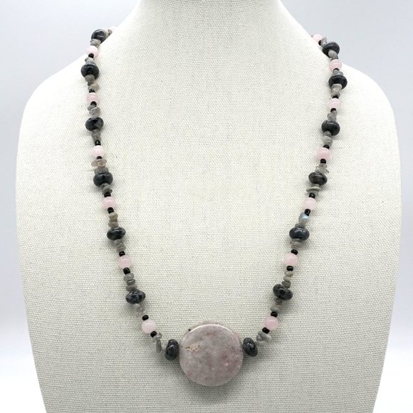 Necklace with assorted pink and gray color combination and Jasper Pendant. - Picture 1 of 5